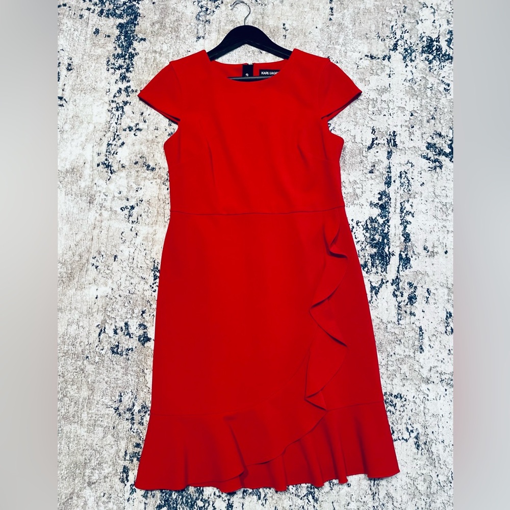 Karl Lagerfeld Red Cap Sleeve Ruffle Hem Dress Size 8